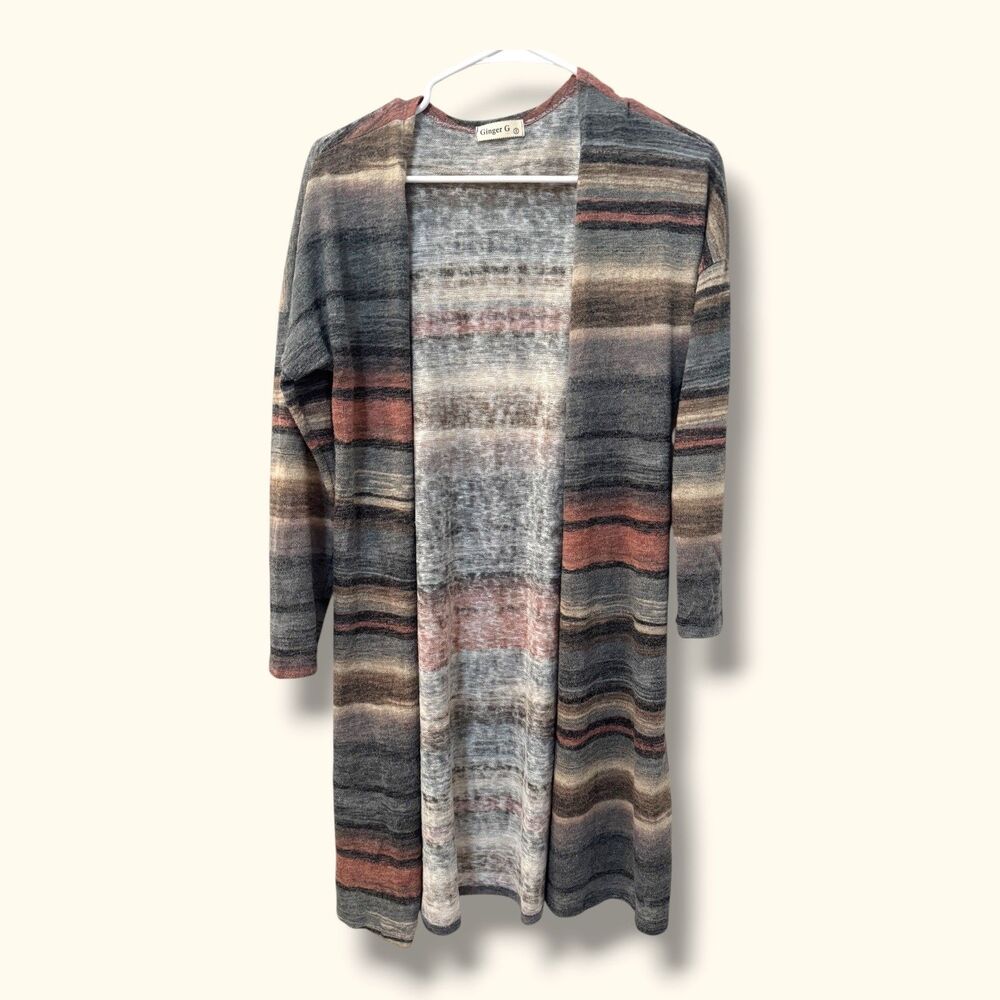 Ginger G Cardigan Womens S Open Front Long Sleeve Striped Duster Gray Rust